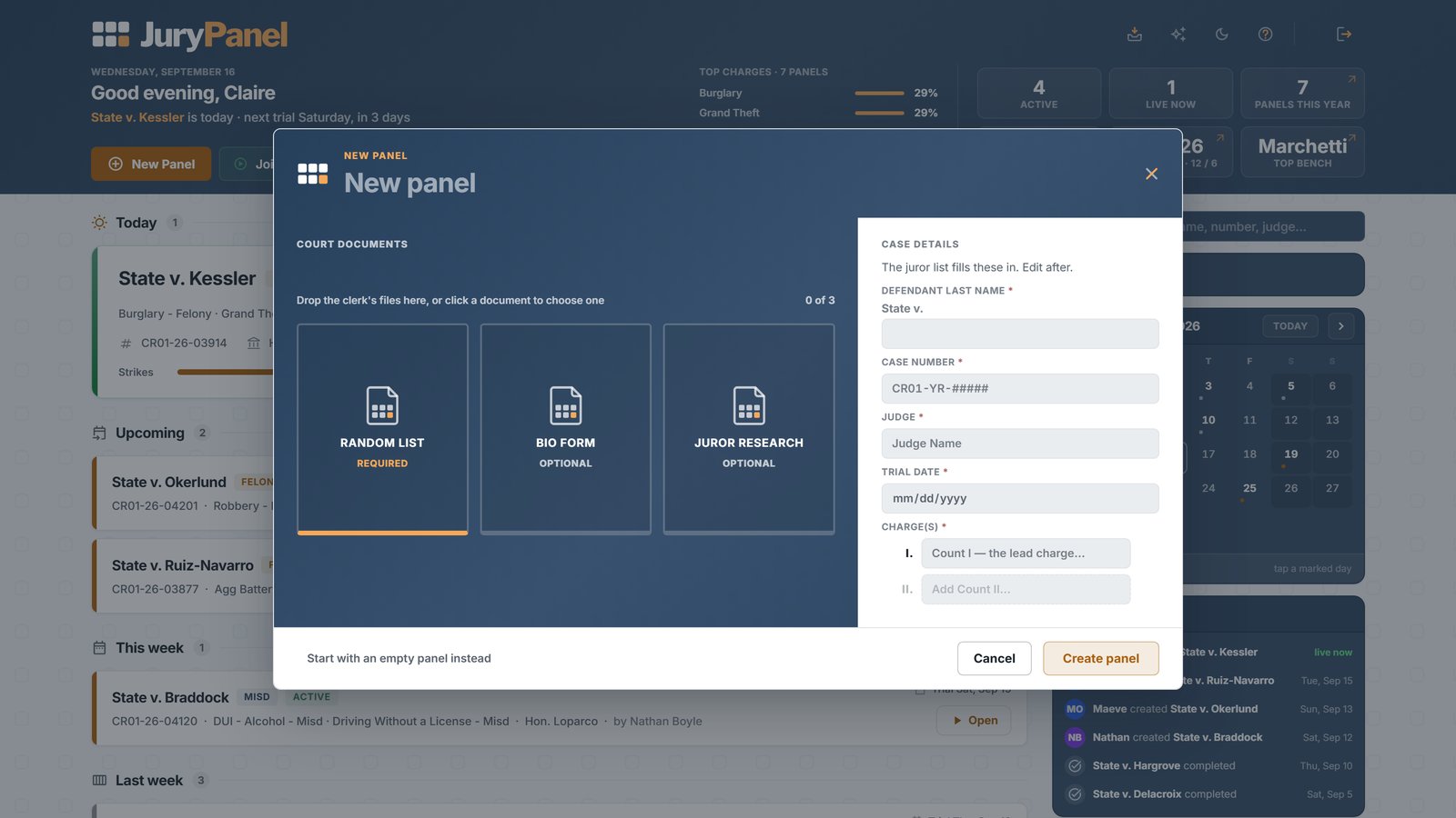 The New Panel dialog before any file is added: a socket for the juror list, the questionnaires and the juror research