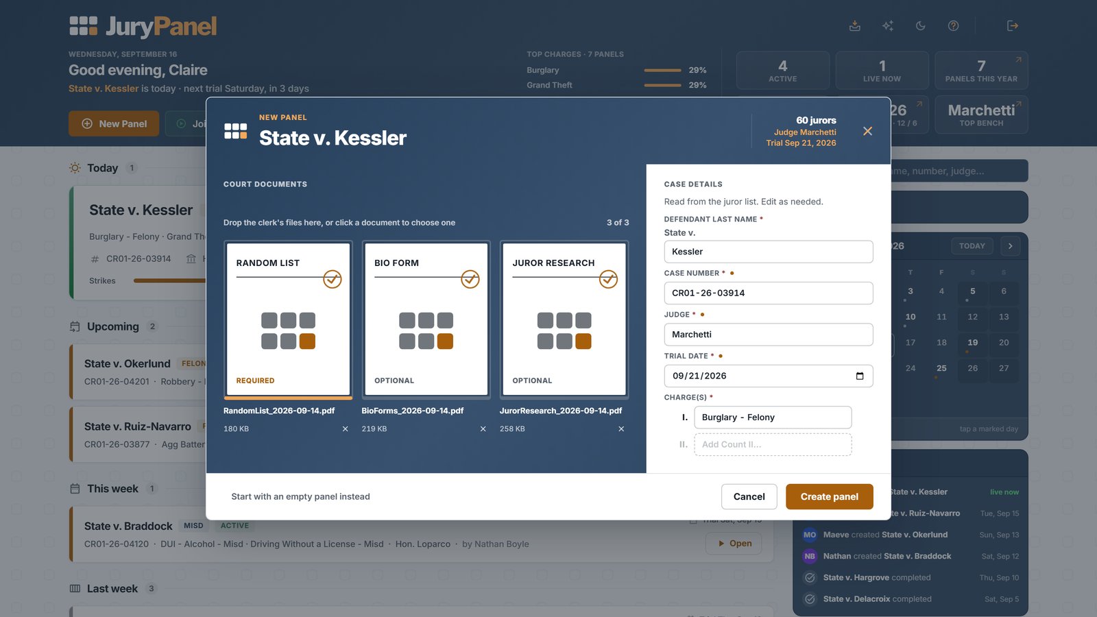 The New Panel dialog after the court's juror list is dropped in: panel size, judge and trial date read from the file