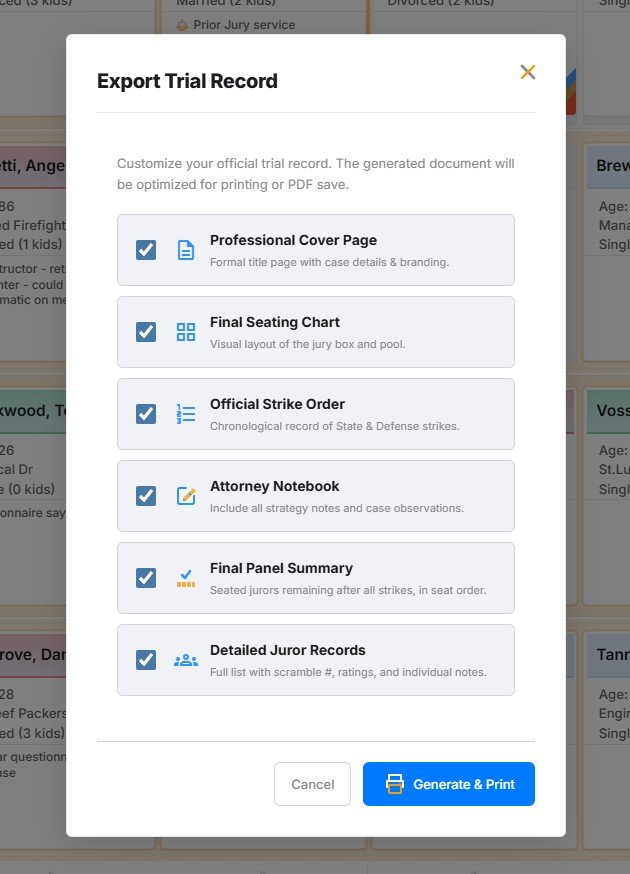 Jury selection PDF export with seating chart and strike summary