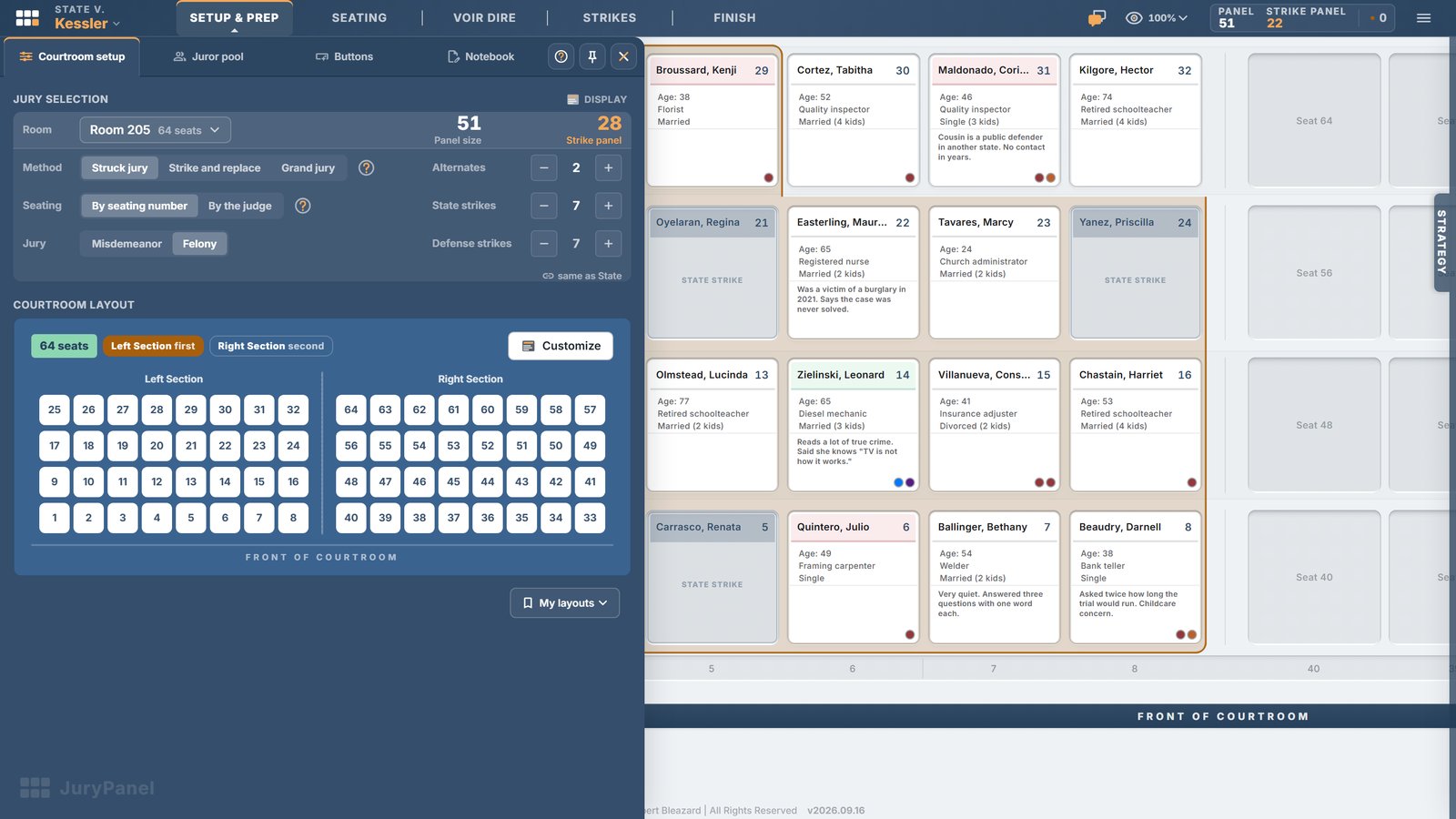 The Courtroom setup drawer beside the seating chart: the room, the selection method and the strike allowances for this trial