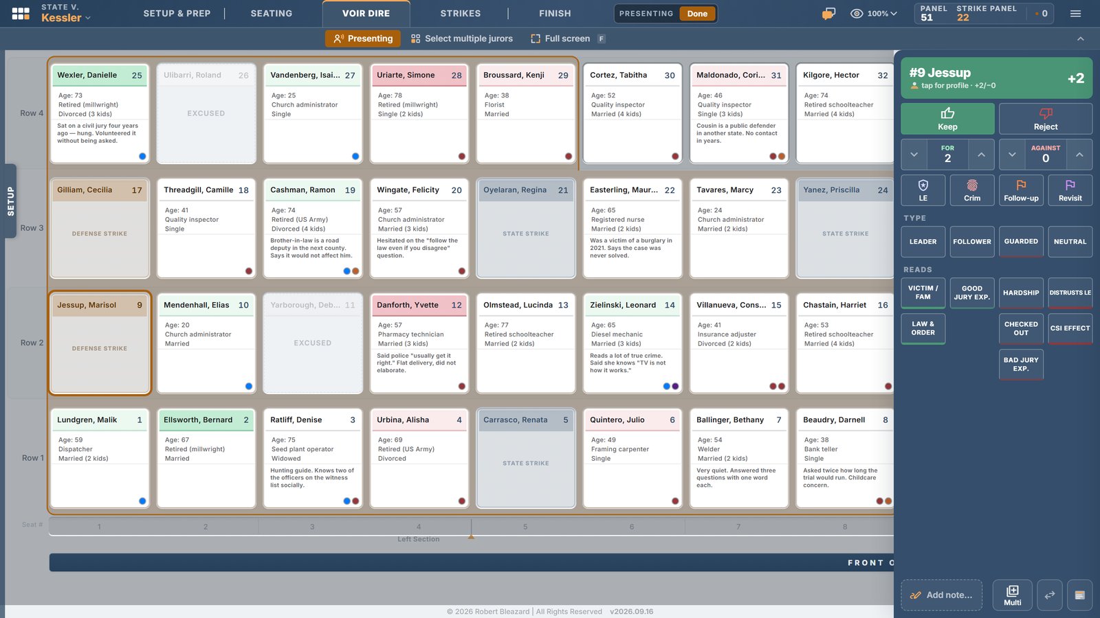 Presenting mode: the seating chart with the toolbar reduced