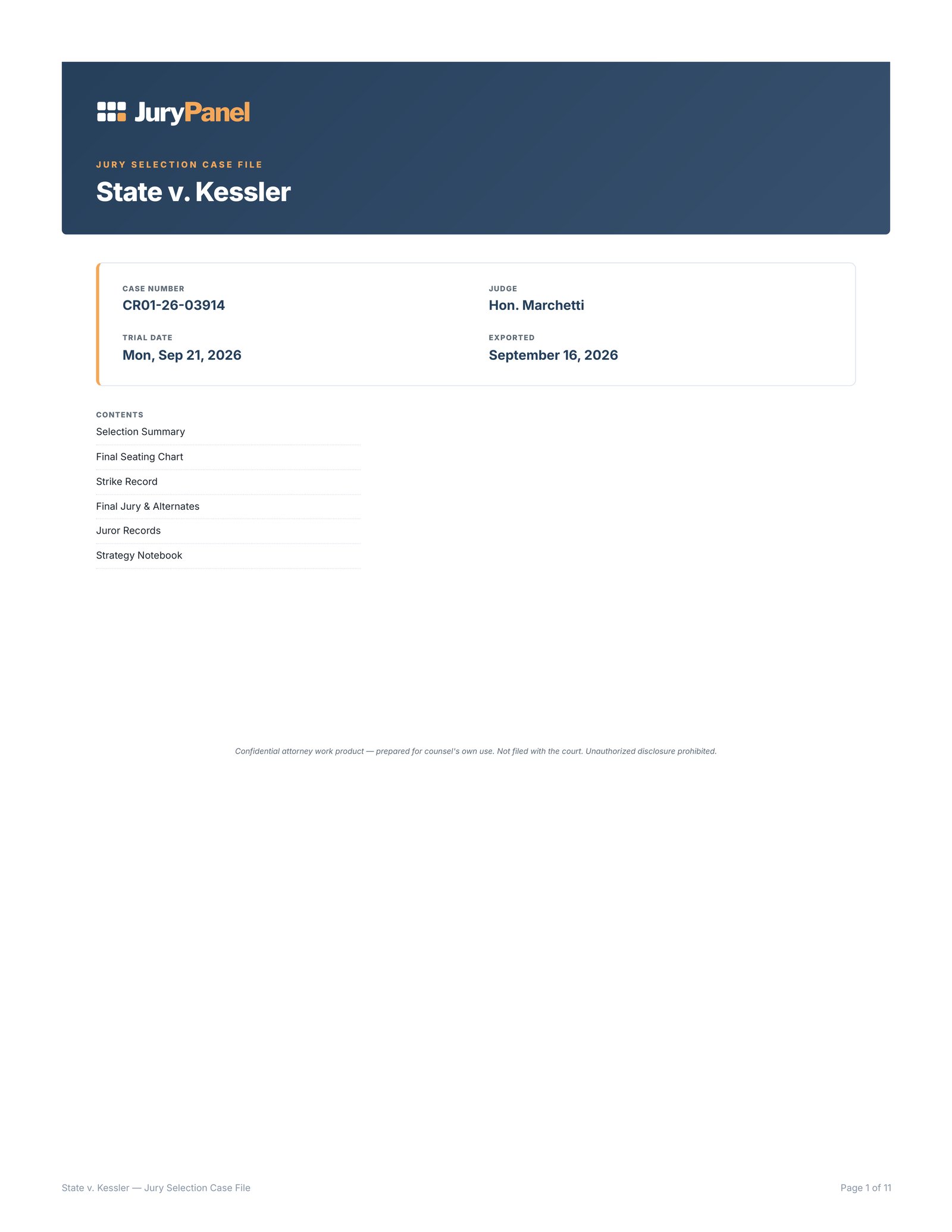 The cover page of the exported trial record