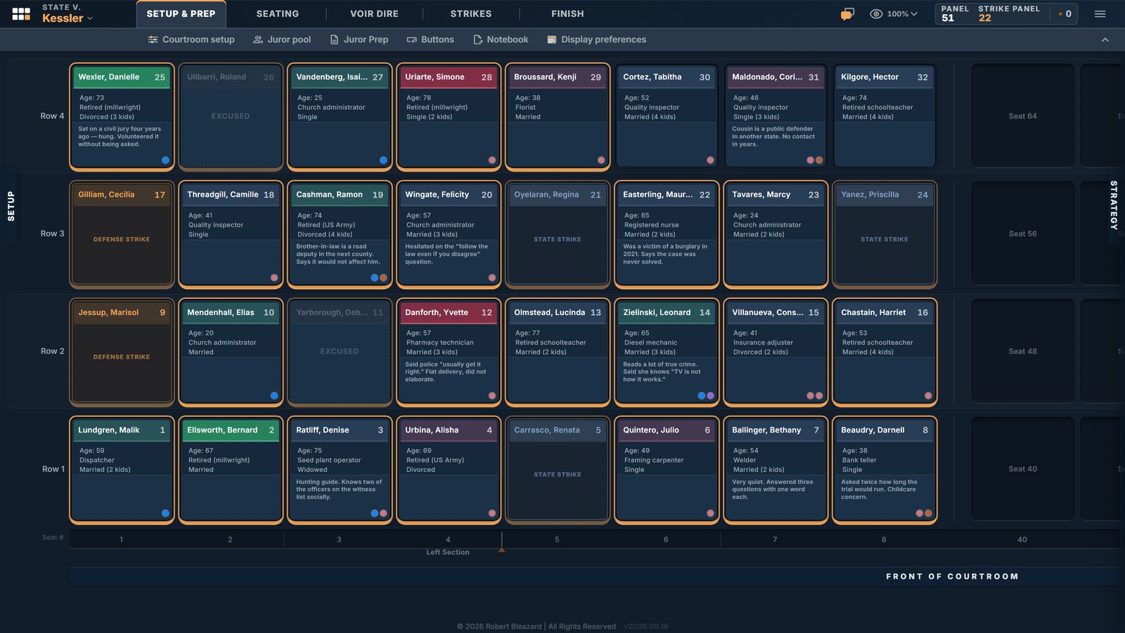 The seating chart in the Dim Slate theme