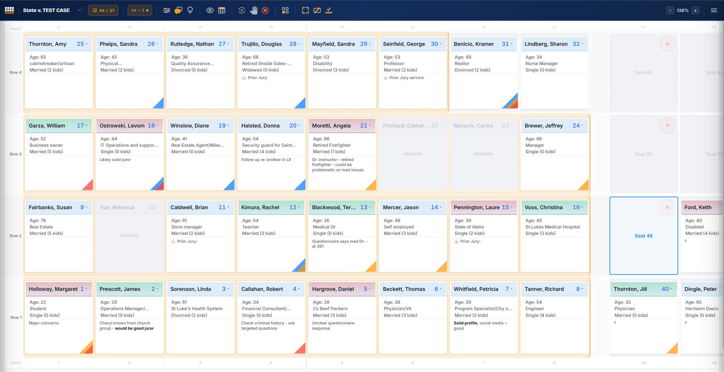JuryPanel jury selection app showing a courtroom seating chart with juror profiles
